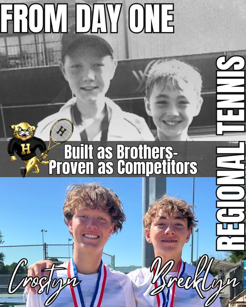Two boys, both smiling and holding tennis rackets and medals, standing together. One photo in black and white, the other in color.