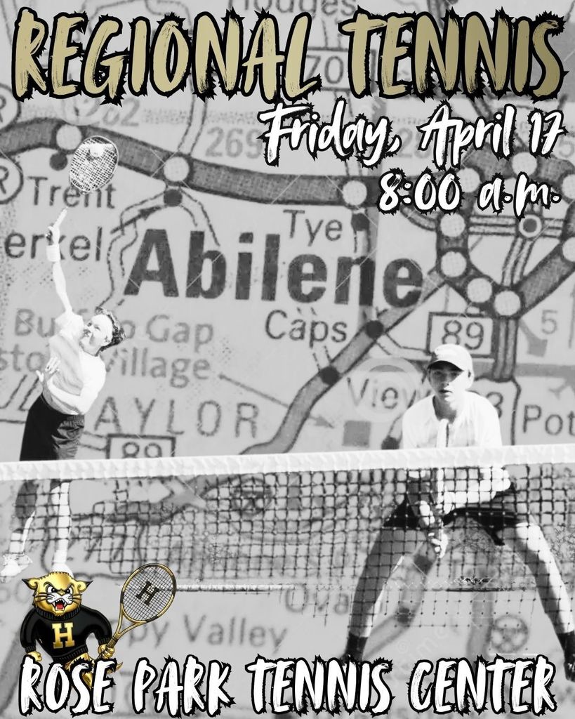 Tennis players compete on a court. A map of Abilene is in the background. It reads, "Regional Tennis Friday, April 17 8:00 a.m."