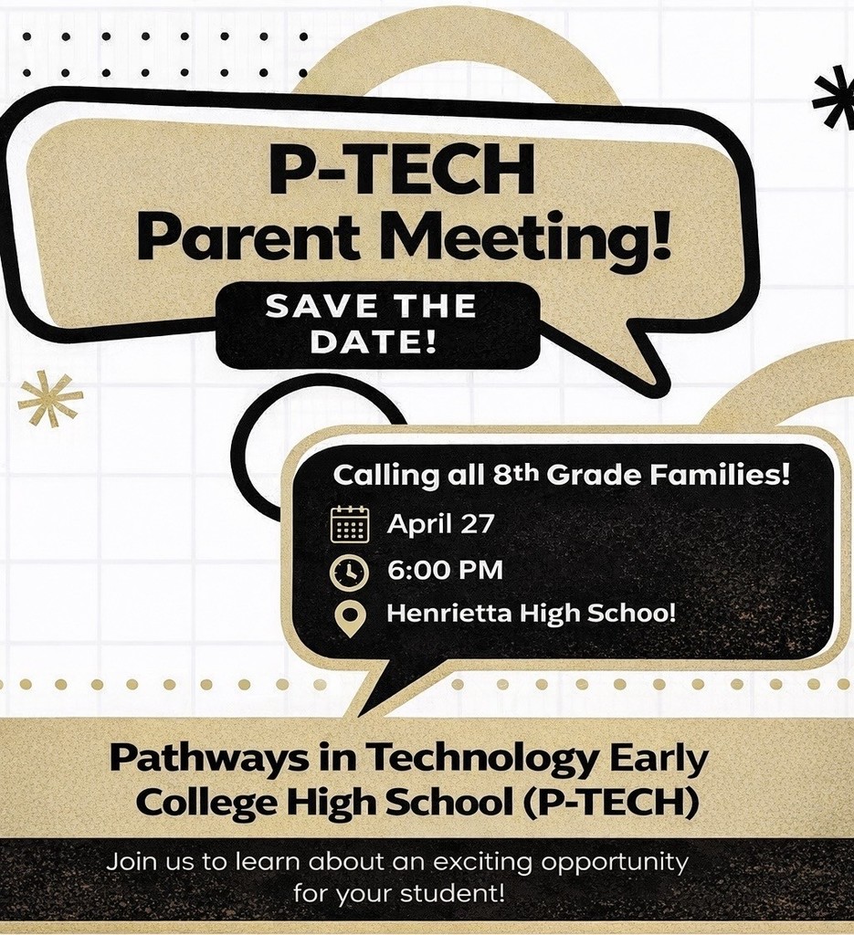 Poster with white and gold background. Text "P-TECH Parent Meeting! Save the Date!" with icons for date, time, and location.