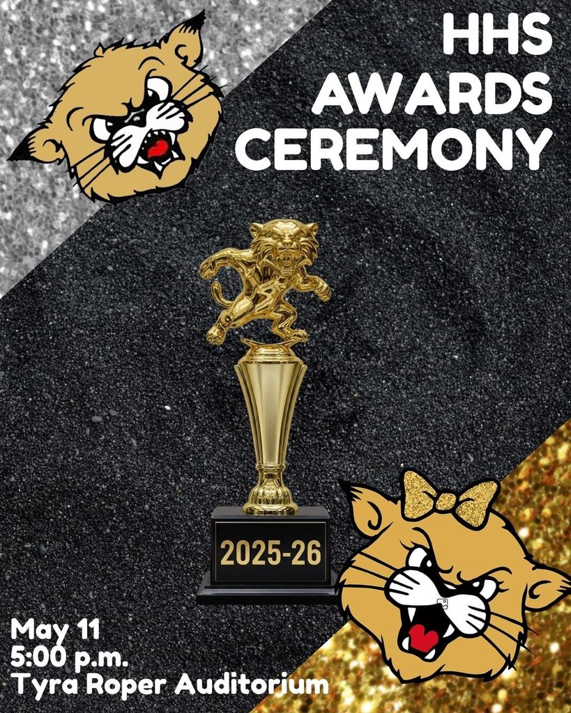 A banner advertises an awards ceremony with a gold trophy, a school logo, and a black and gold background.