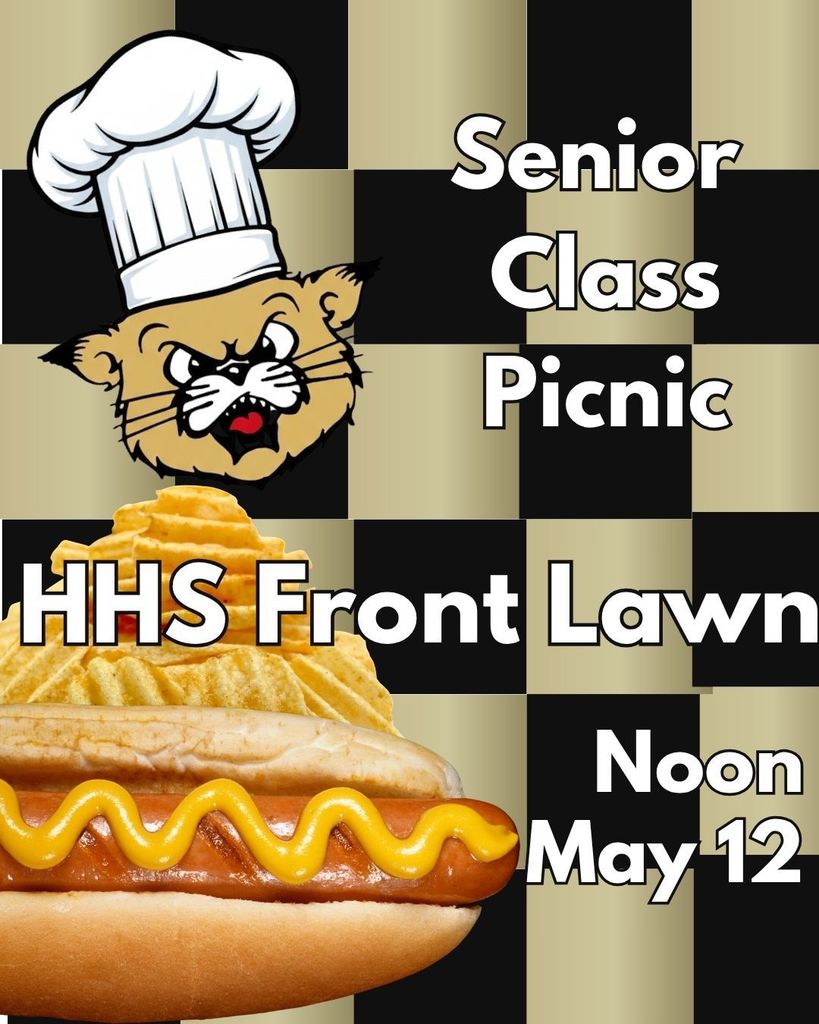 Graphic promoting Senior Class Picnic at HHS. Shows hot dog with mustard and cheese, a cartoon cat, and text.