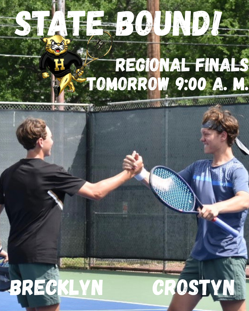 Two tennis players, Brecklyn and Crostyn, shake hands on a court. A black fence with a mascot and text about a regional final is in the background.