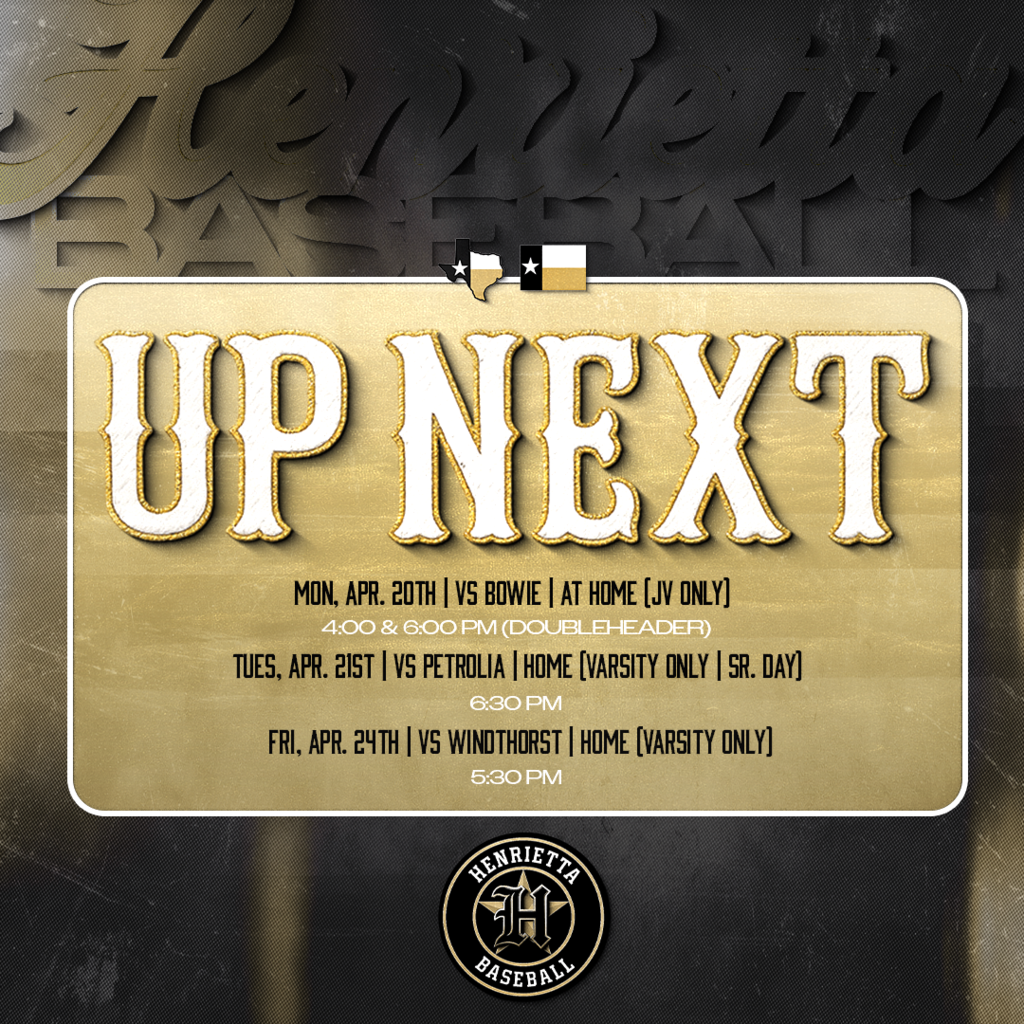 Henrietta Baseball | UP NEXT 🔒  JV kicks it off Monday. Senior Night under the lights Tuesday. Back at home Friday.  Same field. Same standard. 🔥 #TPD