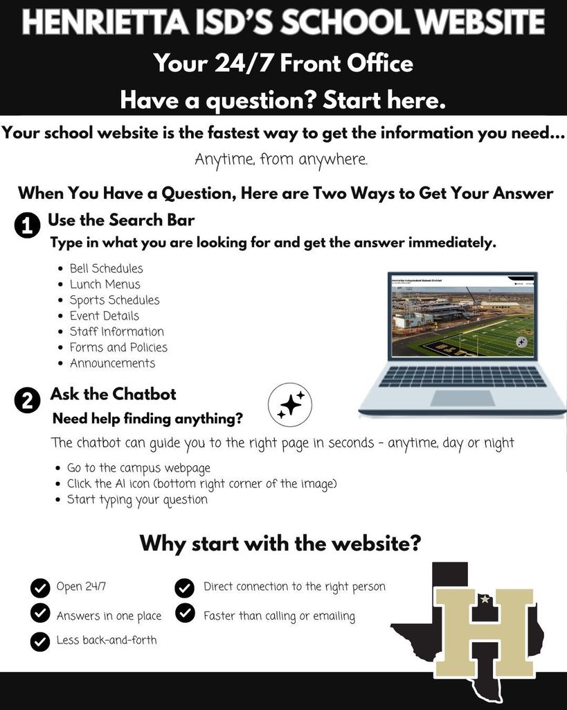 An advertisement with a black background promotes Henrietta ISD's school website. It highlights the website as a fast way to get information.