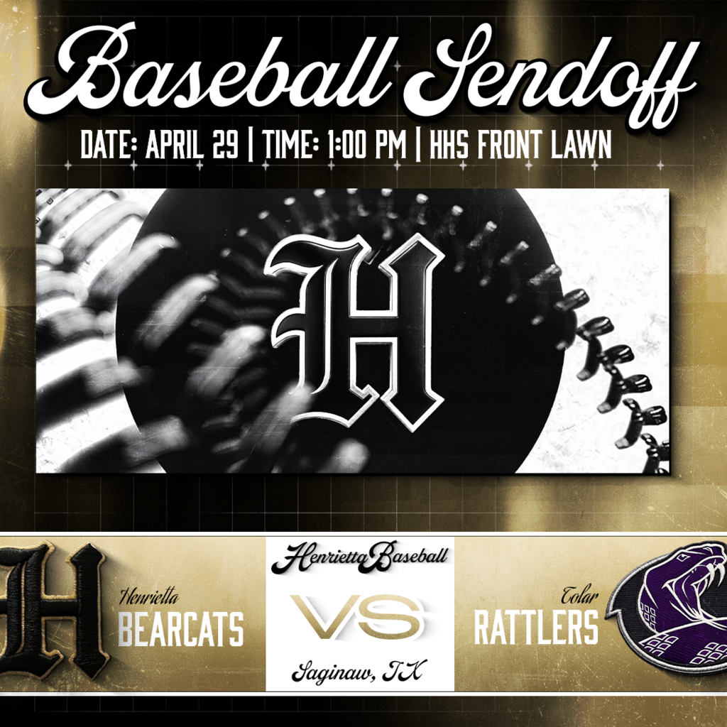 ⚾🔥 SENDOFF TIME, BEARCAT FAMILY 🔥⚾  Pull up, show out, and send these boys off the RIGHT way. This isn’t just a ride… it’s the start of a playoff run.  🗓 Wednesday, April 29th. ⏰ 1:00 PM 📍 HHS Front Lawn  Black. Gold. Loud. Together. Let’s pack it and bring the energy!  Trust. Passion. Discipline. #TPD