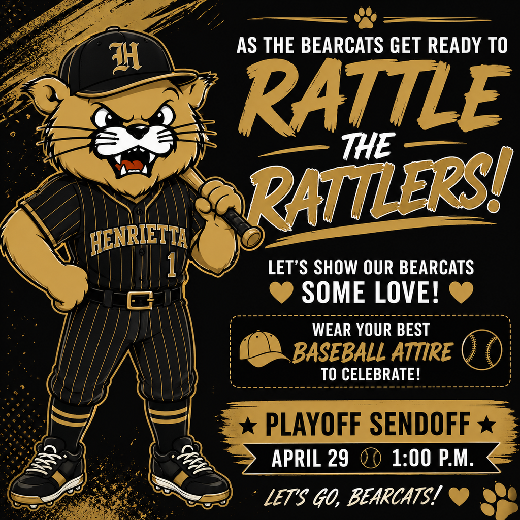 An invitation for a playoff game shows a mascot in a black uniform holding a baseball bat. The text reads "Rattle the Rattlers!"