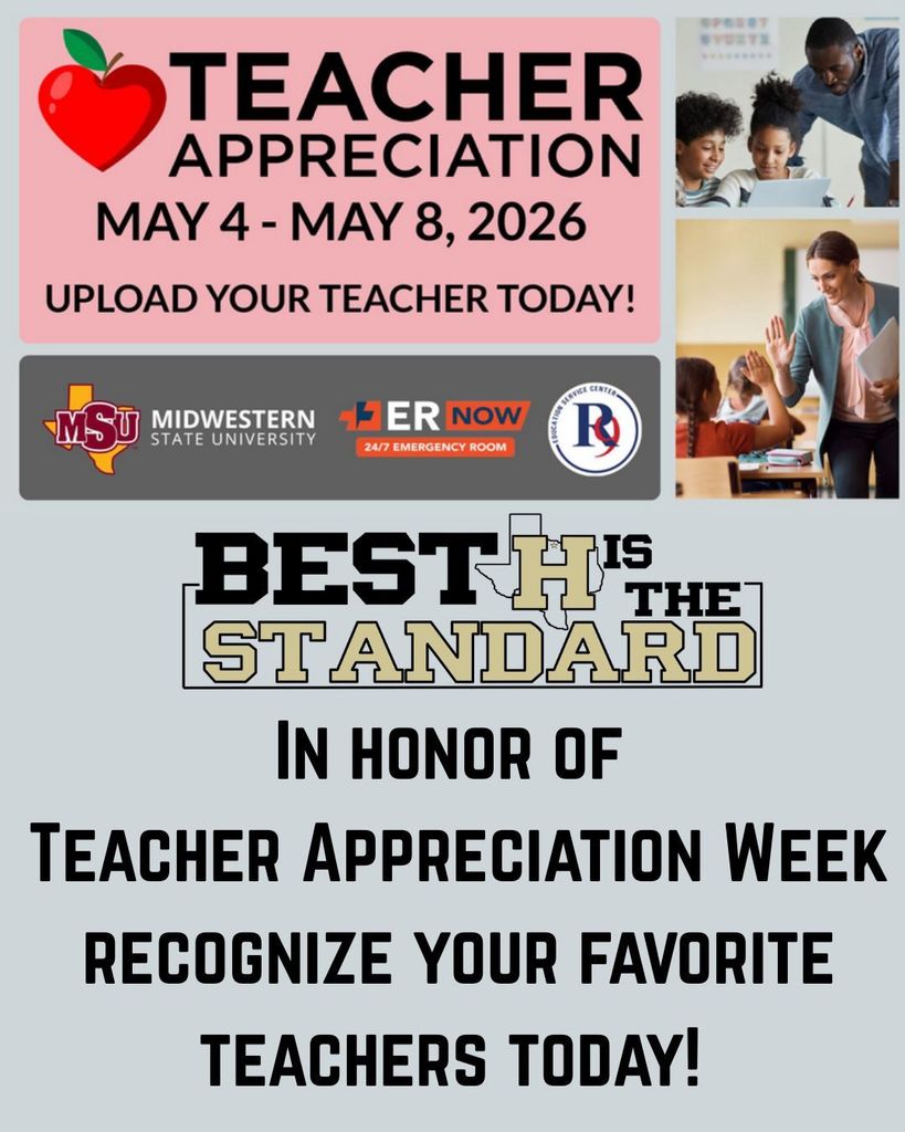 Promotional poster for Teacher Appreciation Week, featuring dates May 4-May 8, 2026. It includes logos and encourages uploading teacher recognitions.