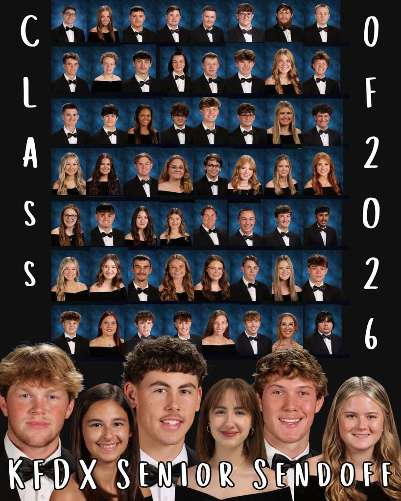 A collage of senior portraits, with a group of individuals in formal attire arranged in rows above a group of smiling faces.