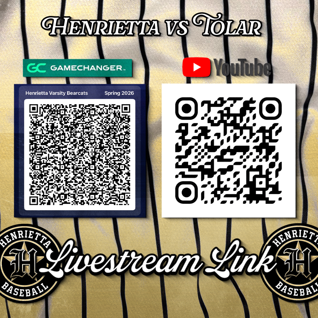 🔥 HENRIETTA vs TOLAR — PLAYOFF BASEBALL 🔥  Can’t make it to the field? We’ve got you covered. Bearcat Nation travels ANYWHERE.  📲 Scan. Tap. Watch. Follow every pitch. Every moment. Every swing. GameChanger → https://onelink.gc.com/a5o2?deep_link_value=/teams/RN4t3G1fFjMV/schedule/ca52d5d7-2b65-4d74-a392-3d432f4cf98c/info&af_web_dp=https://web.gc.com/teams/RN4t3G1fFjMV/schedule/ca52d5d7-2b65-4d74-a392-3d432f4cf98c/info&pid=Copy&c=event_share_link  🎥 Livestream starts at 6:00 PM Be on early. Get loud from wherever you are. Link: YouTube → https://youtube.com/@henriettahs?si=7c1ZxtsIRfZ5ssdY  Fans First, Always. If you’re watching, you’re part of this team. Let’s bring the energy together!  #TPD | #BearcatBaseball
