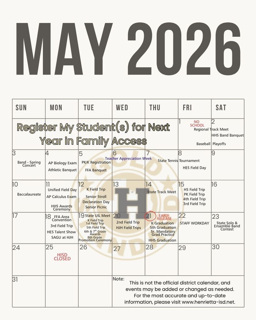 Calendar for May 2026 with highlighted dates and events. Background includes "H" and logo.