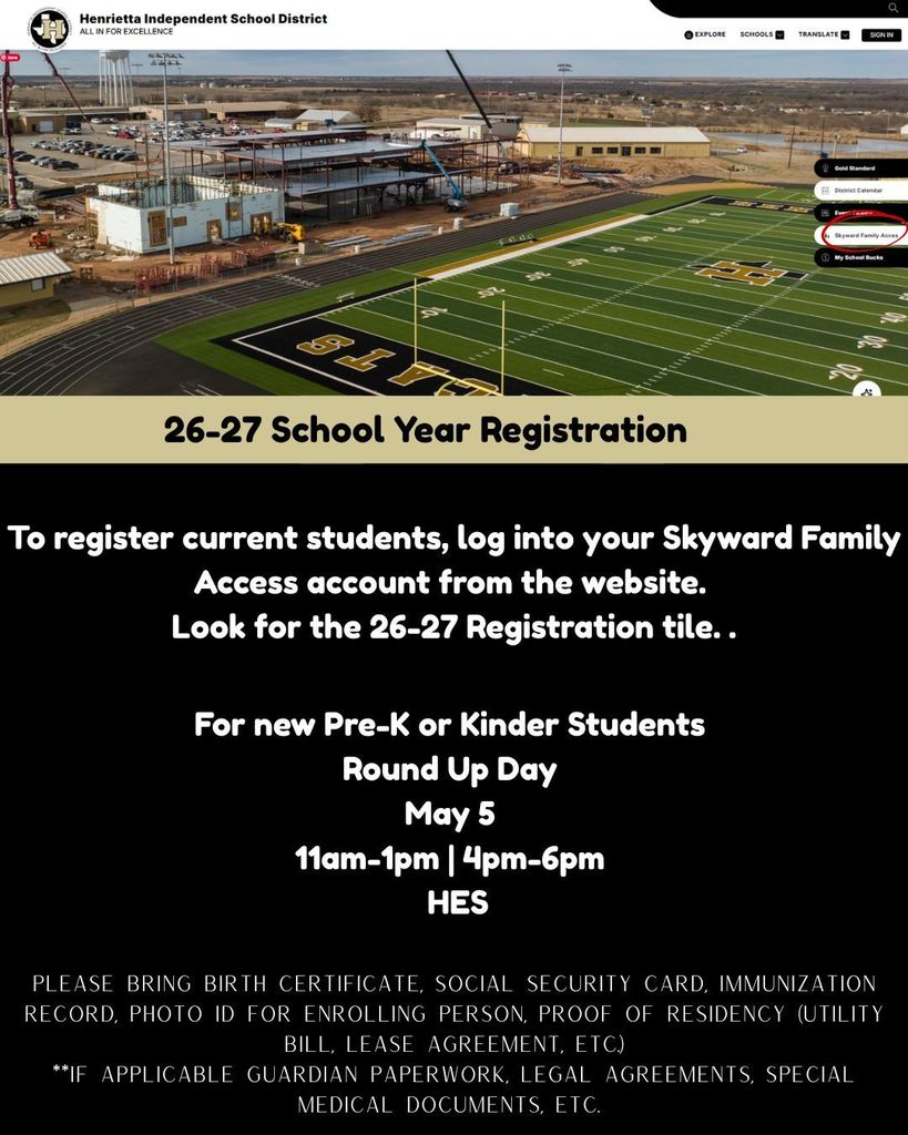 A website with a registration announcement for the 26-27 school year. It includes a photo of a football field.