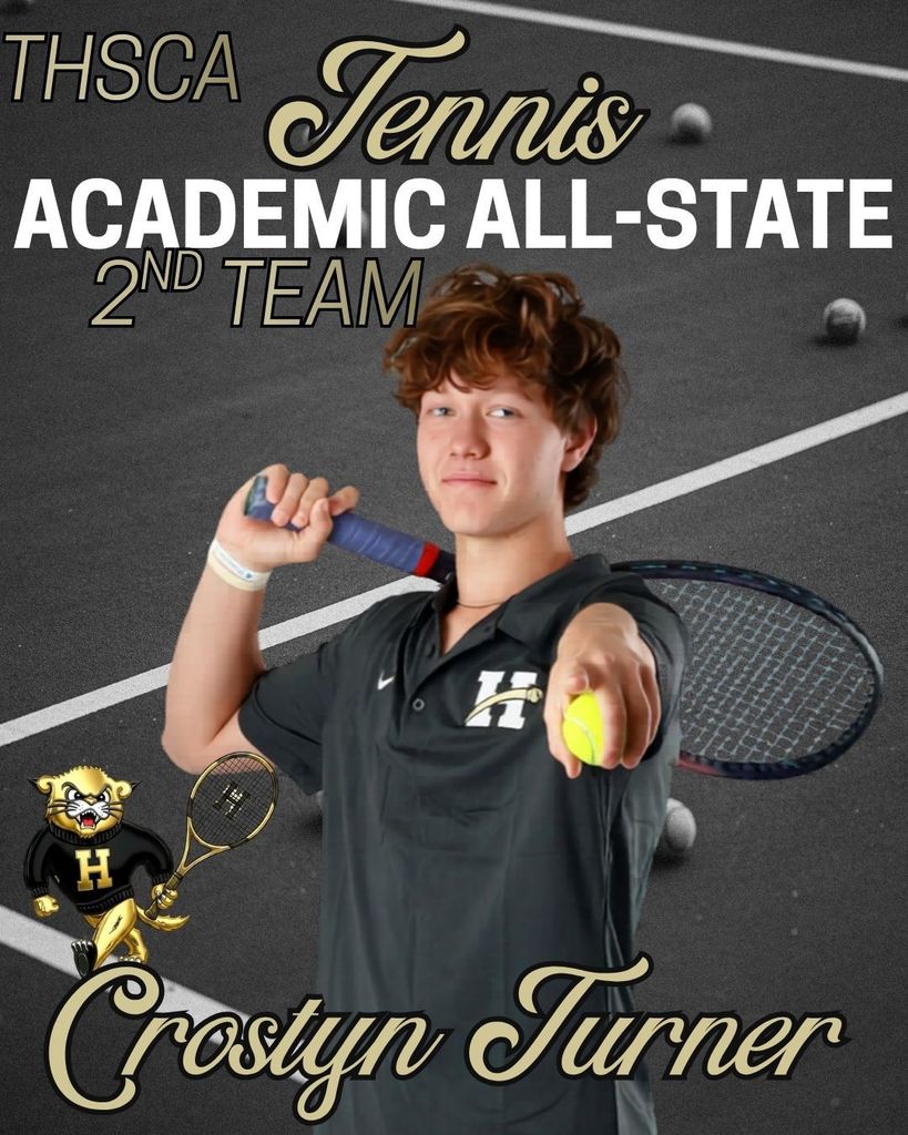 Teen tennis player holding a racket and a ball, standing on a court. Text reads "THSCA Tennis Academic All-State 2nd Team Crostyn Turner."
