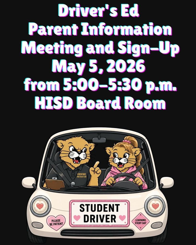 A poster with a black background promotes a driver's education parent meeting, with cartoon characters driving a car.