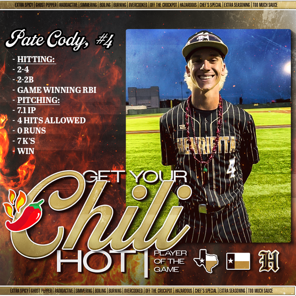 ⚾ HENRIETTA BASEBALL | GAME 2 Pate Cody – 🌶️ GET YOUR CHILI HOT PLAYER OF THE GAME 🌶️  When it mattered most… he DELIVERED.  HITTING:  🔥 2-4 at the plate 🔥 2 Doubles 🔥 Game-Winning RBI  PITCHING:  💪 7.1 IP 💪 4 Hits | 0 Runs | 7 K’s 💪 WIN  🌶️ Chili = HOT 🔥 OPPORTUNITY = MET  That’s Bearcat Baseball.  #TPD