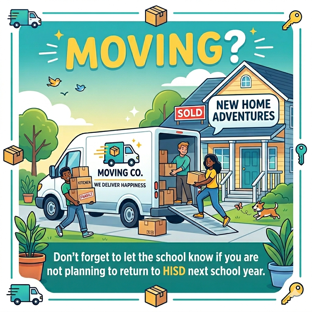 A moving van with "Moving Co." logo carries boxes. Three people unload boxes in front of a house.