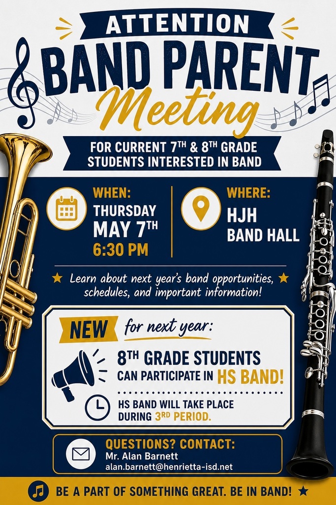 Band flyer meeting on Thursday May 7 at 6:30 pm at HJH Band Hall