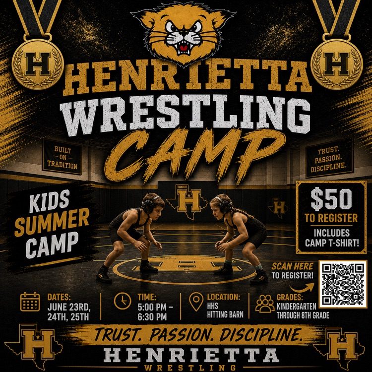 Henrietta wrestling camp for kids. Two wrestlers in action. Dates and times. Cost of $50. QR code.
