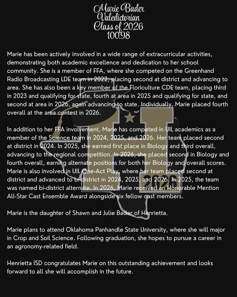 A black background displays white text about Marie Bader, a student who excelled in academics and extracurriculars.