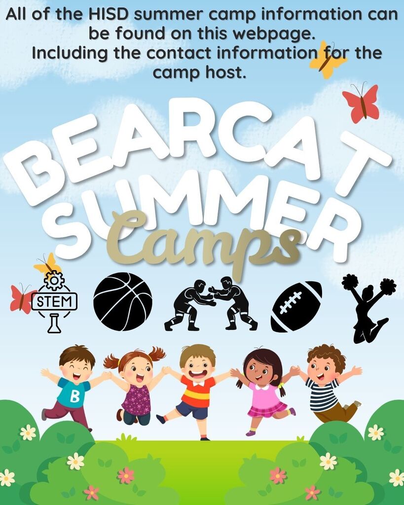 Poster shows children engaged in activities like STEM, sports, and martial arts, with "BEARCAT SUMMER CAMPS" in bold letters.