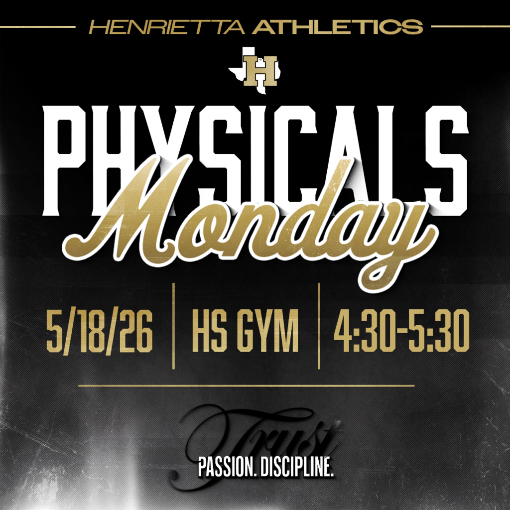 🏥 Henrietta Athletics Physicals will be held Monday, May 18 from 4:30–5:30 PM in the High School Gym.  Please make sure your athlete attends if they need a physical for the upcoming school year and athletic seasons. Thank you for helping us get everyone ready to compete the right way. #TPD  📍 High School Gym 📅 Monday ⏰ 4:30 PM – 5:30 PM