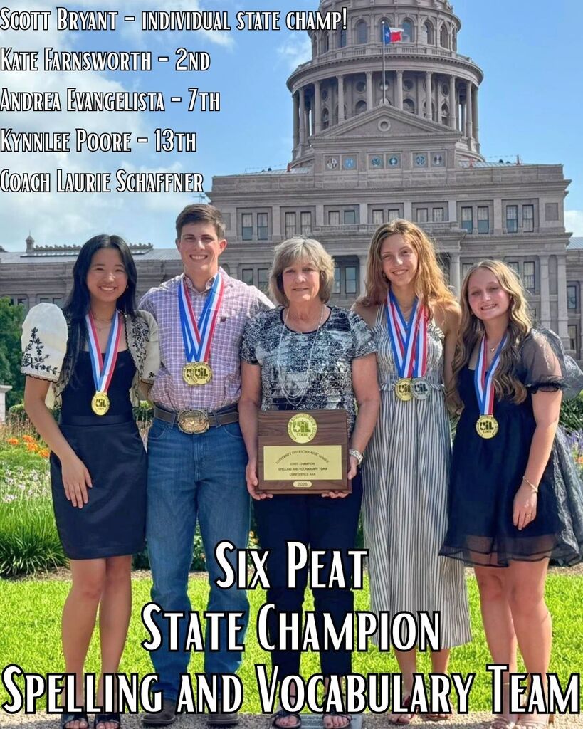 Five individuals in matching dresses with medals and one man wearing a belt stand before the Texas State Capitol.