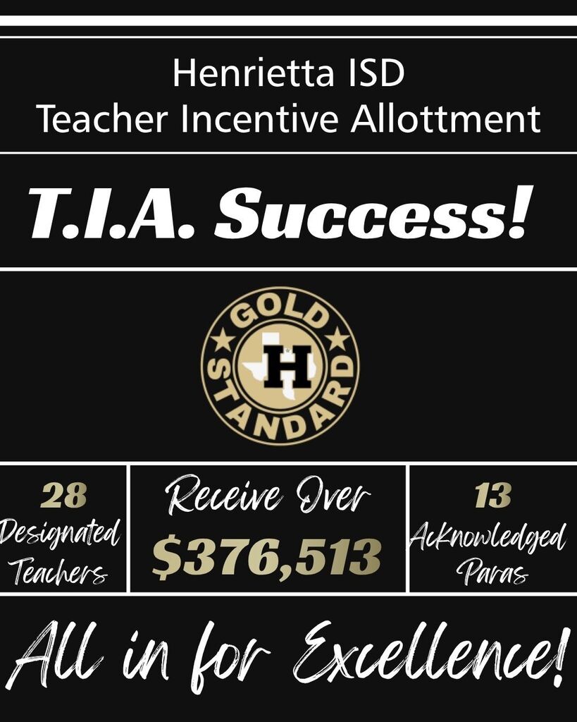 A black background displays text and numbers about Henrietta ISD's Teacher Incentive Allotment success.