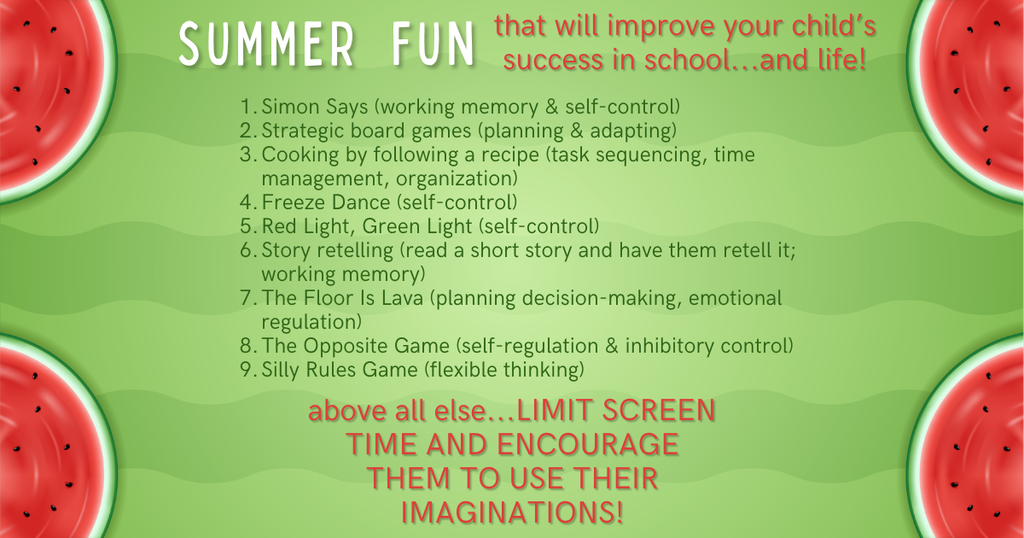 A poster features text on a green background with watermelon slices. Text includes "Simon Says" and "Limit Screen Time" with activities for summer.