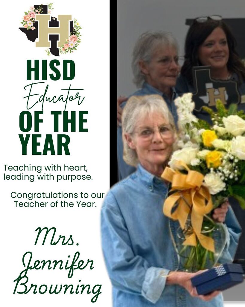 A woman in a light blue shirt and glasses holds a bouquet of flowers and a box. Text reads "HISD Educator of the Year" and "Mrs. Jennifer Browning."