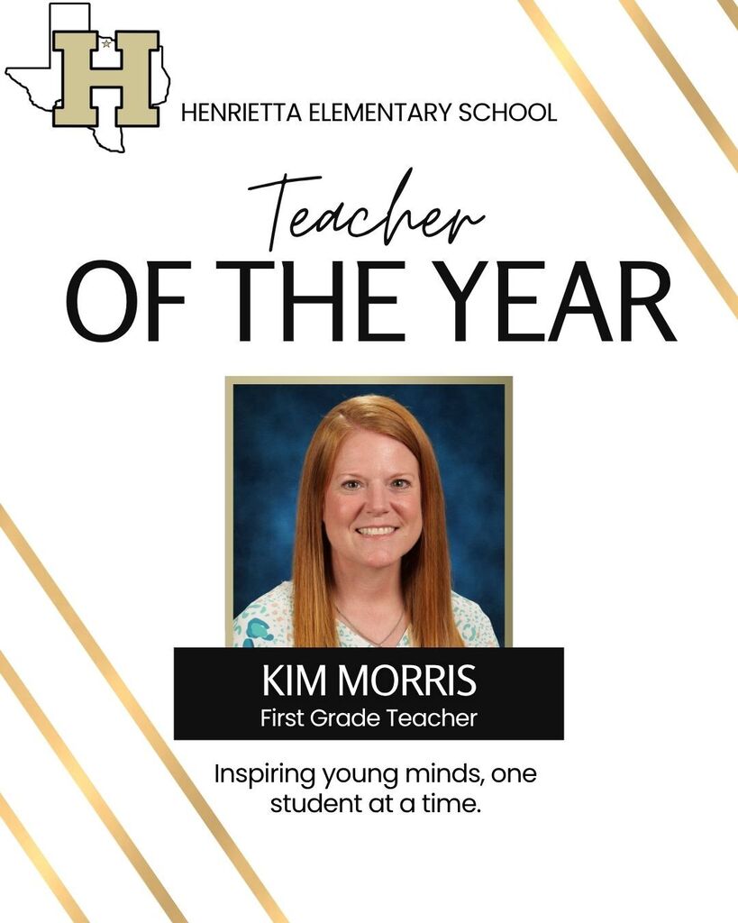 "Teacher of the Year" award poster for Kim Morris. Photo of a smiling woman. White background.