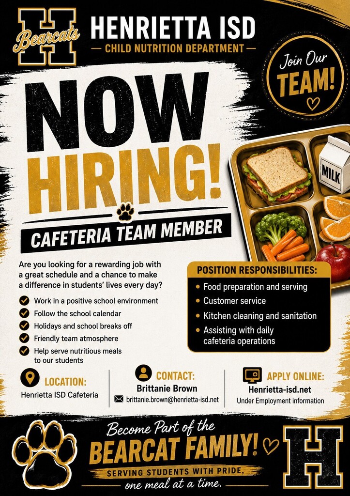 An advertisement for cafeteria team member positions at Henrietta ISD Child Nutrition Department. A paw print, milk carton, and food tray are shown.