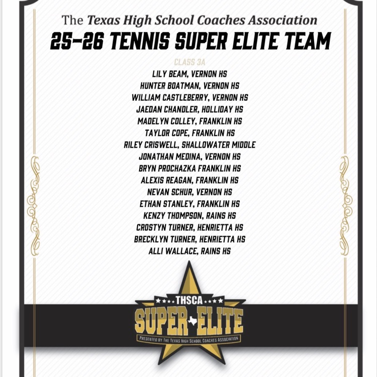 Congratulations to Crostyn and Brecklyn for being recognized on the THSCA Super Elite Tennis Team!