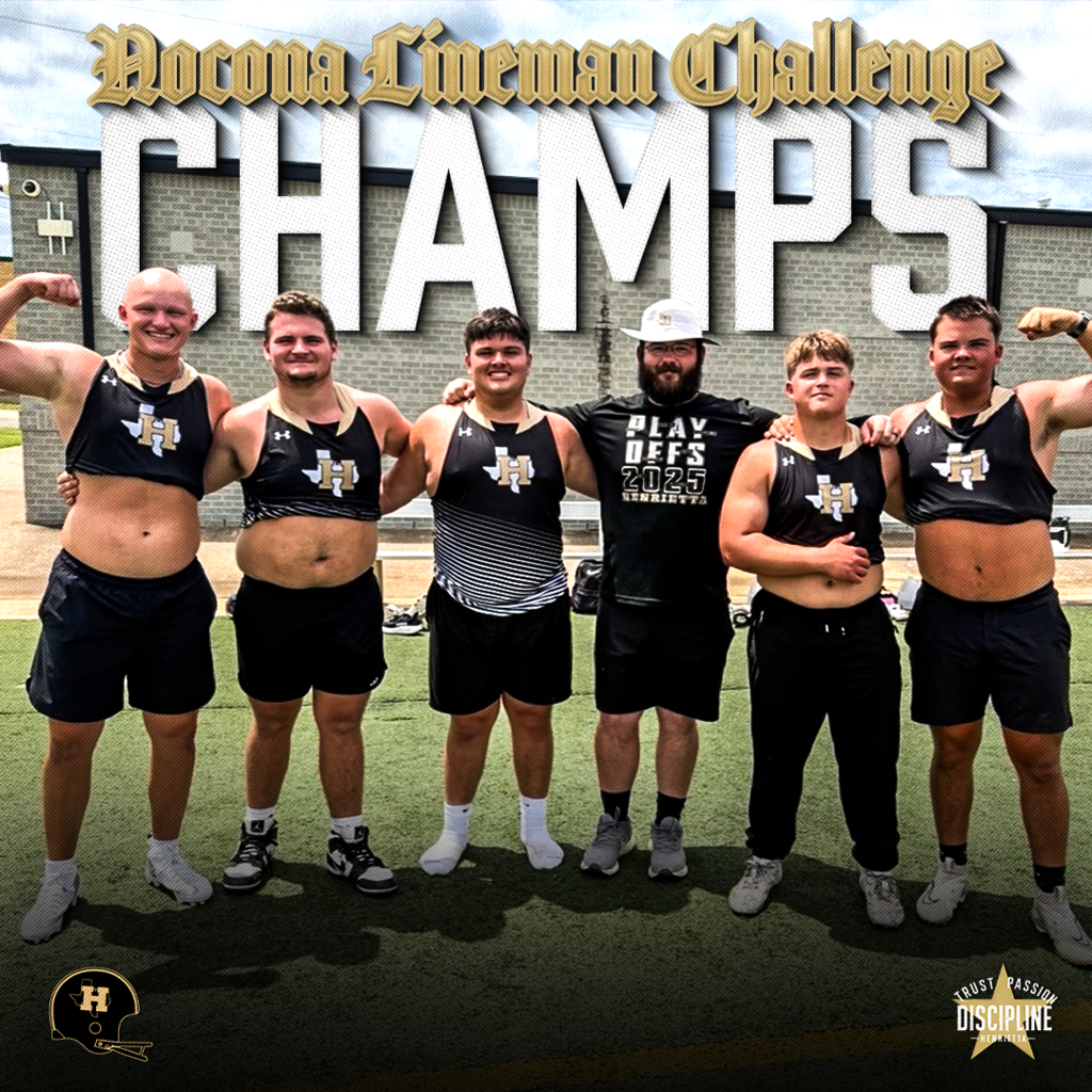 HENRIETTA FOOTBALL 💪 Our Bearcat big men showed up and went to work today at the Nocona Lineman Challenge, winning the Lineman Challenge Championship! 🏆 These guys competed with toughness, grit, and relentless effort all day long. The trenches aren't built on highlights, they're built on hard work, discipline, and pride in the man beside you. Proud of this group for representing Henrietta the right way and continuing to set the standard this summer. Trust. Passion. Discipline. #TPD