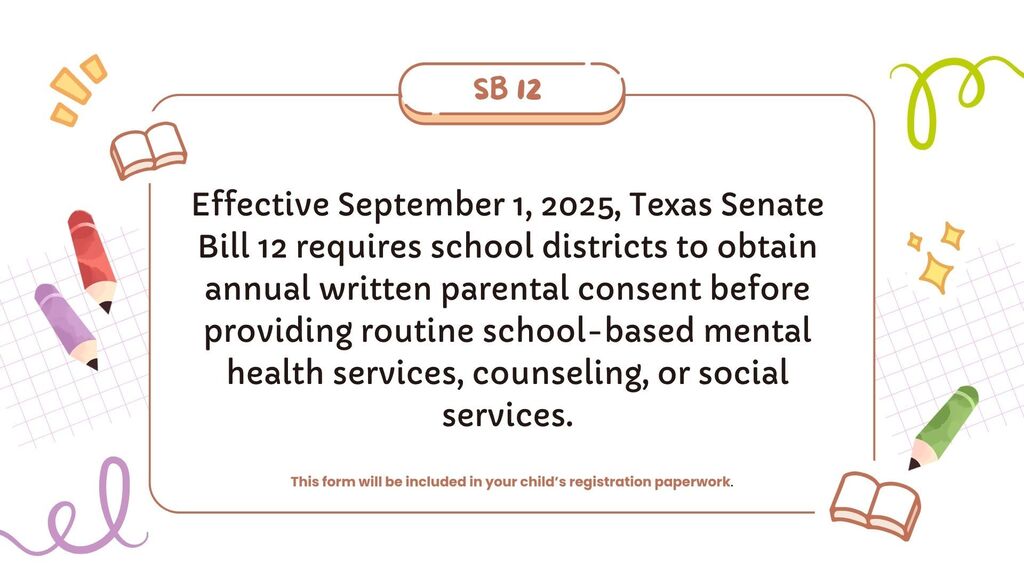 A white background displays a text box with a colorful border, including pencils, a book, and stars. It reads "SB 12".