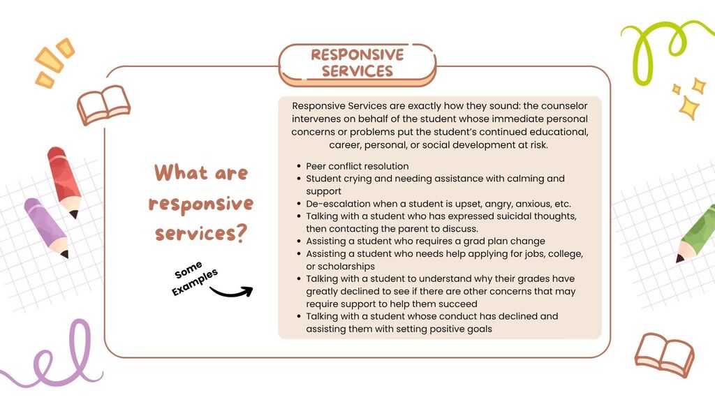 Brightly colored background with icons of books, pencils, stars, and swirls. Text reads "What are responsive services?"