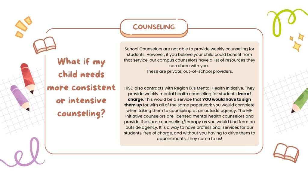 Text about counseling services is on a white background. Colorful pencils and stars are around the text.