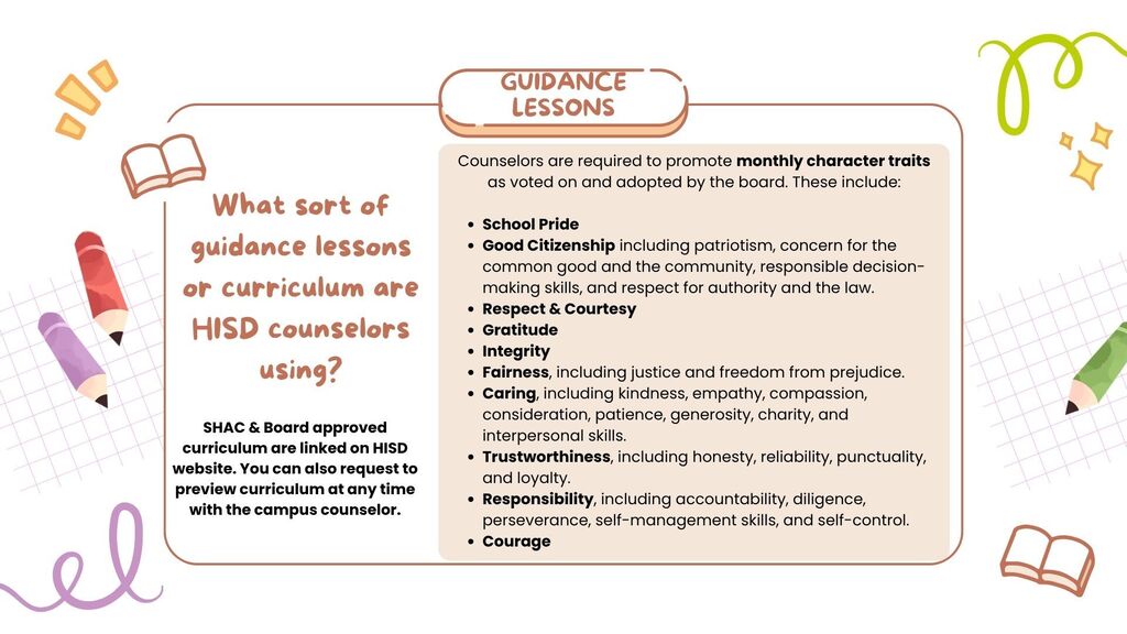 A white page with text about guidance lessons and character traits. Key elements include a book, pencils, and stars.