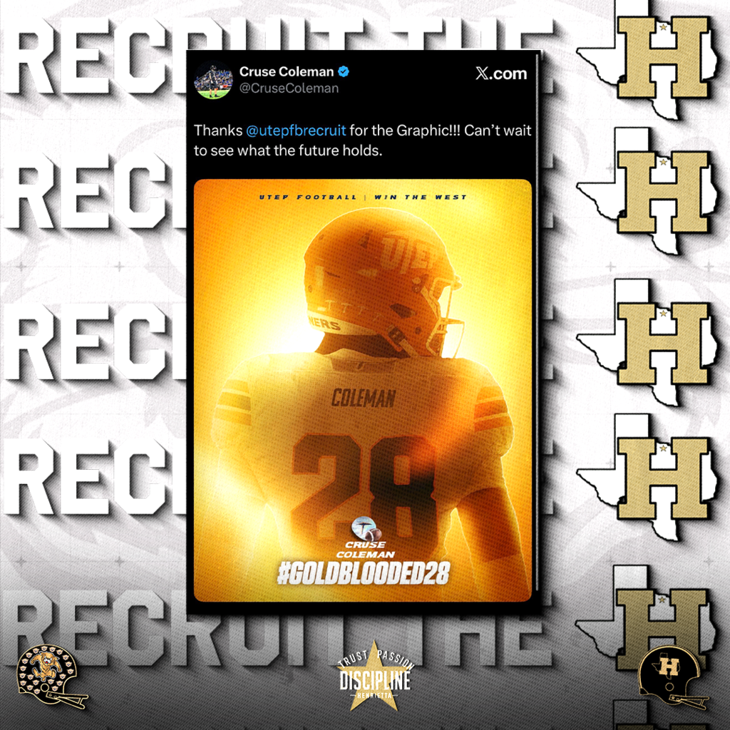 🔥 RECRUIT H-TOWN🔥  The work is being noticed. Upcoming Henrietta junior Cruse Coleman continues to gain attention from college programs, most recently receiving recognition from UTEP Football.  Nothing is given. Everything is earned. Cruse continues to put in the work in the classroom, weight room, and on the field while representing Henrietta the right way.  The future is bright for this Bearcat.  📈 2,500+ All-Purpose Yards 🏈 35+ Touchdowns 📚 4.0 GPA  Keep working. Keep believing. Keep stacking days. #TPD