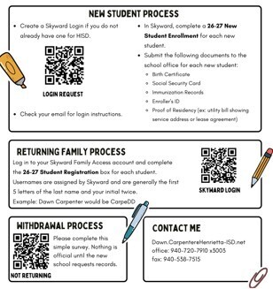 A page with text and QR codes about processes for new students, returning students, and withdrawals.