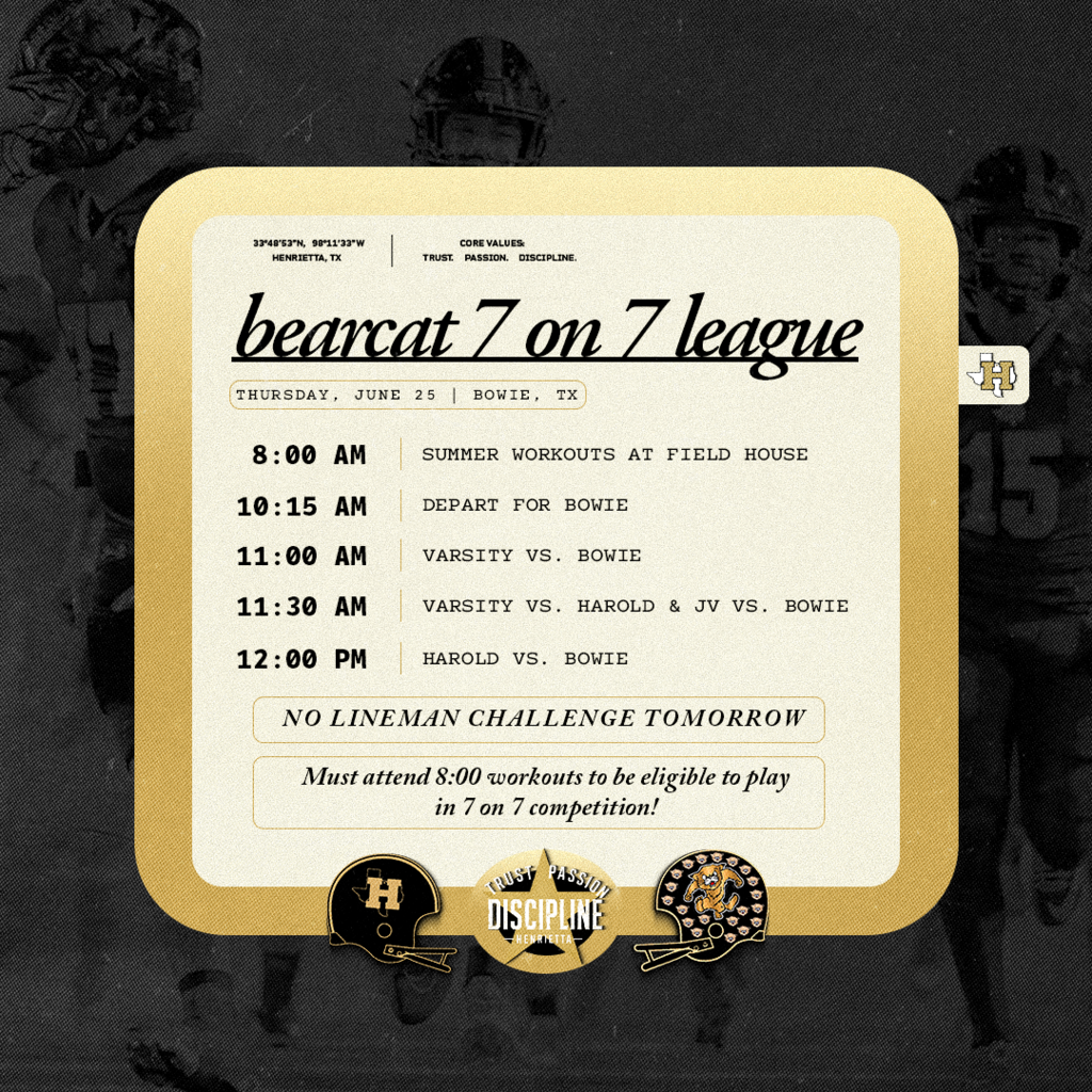🏈 7-on-7 League Update  Due to a shortage of available linemen from participating schools, the Lineman Challenge has been canceled for tomorrow. 7-ON-7 IS STILL ON.   📍 Location: Bowie  Varsity Schedule • 11:00 AM – Henrietta vs. Bowie • 11:30 AM – Henrietta vs. Harold • 12:00 PM – Harold vs. Bowie  JV Schedule • 11:30 AM – Henrietta vs. Bowie  ⚠️ Reminder: All players must attend 8:00 AM summer workouts to be eligible to compete in 7-on-7. Let's have a great day of work and competition. #TPD
