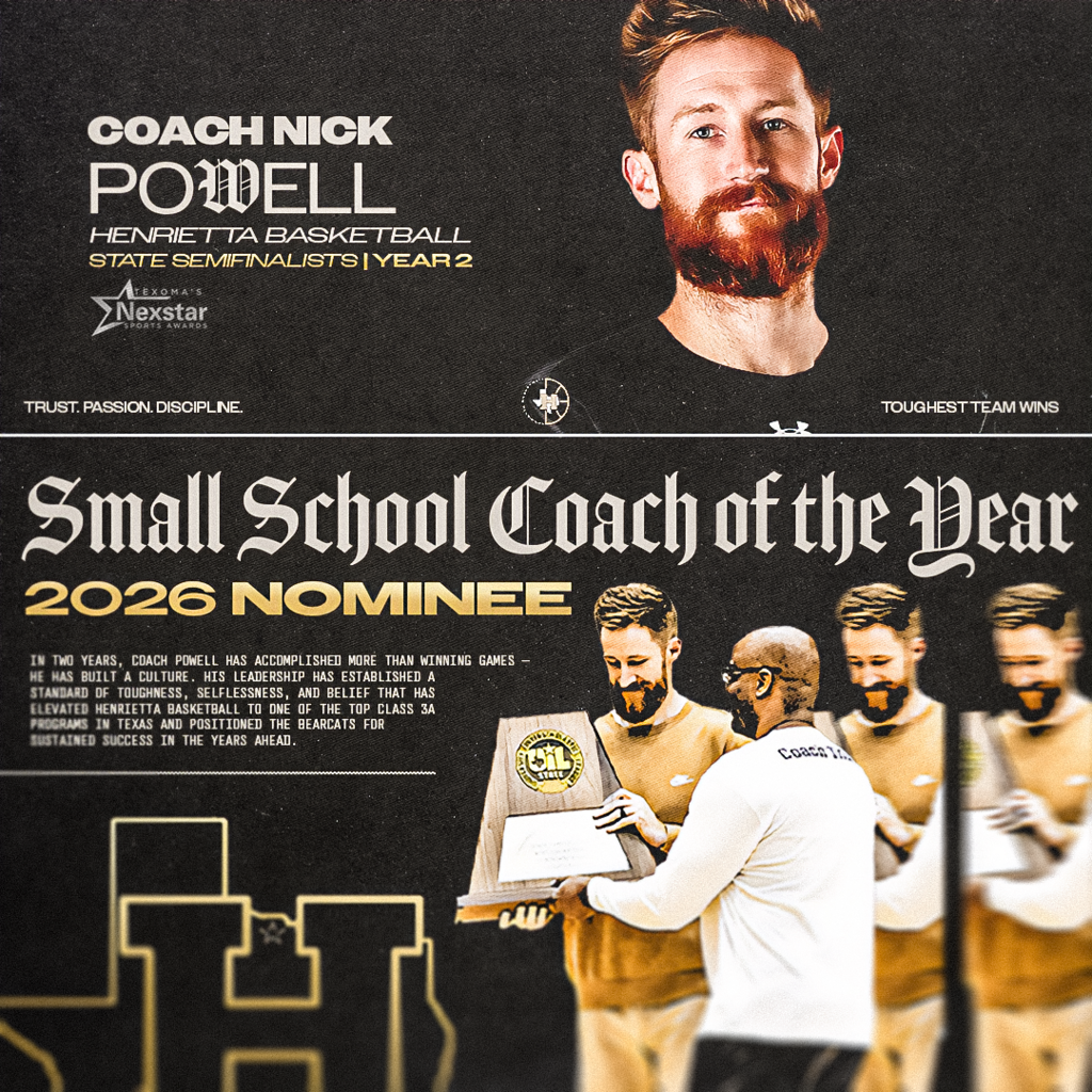 Congratulations to Coach Nick Powell on being named a 2026 Texoma's Small School Coach of the Year Nominee.  Coach Powell would be the first to credit his players, coaching staff, and the Henrietta community for this recognition. He has built a program rooted in Trust. Passion. Discipline. Developing young men through accountability, selflessness, and a commitment to doing things the right way.  We're proud of what this program has accomplished and thankful for everyone who continues to support Henrietta Basketball.  Congratulations, Coach! Well deserved. #TPD