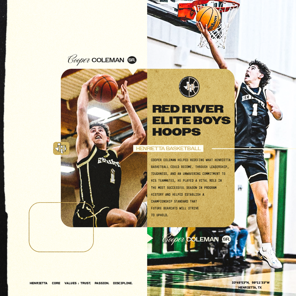Congratulations to Cooper Coleman on being named to the 2026 Red River Elite Boys Hoops Team.  Cooper's leadership, toughness, and selfless approach helped lead Henrietta to the most successful season in program history. Thank you for representing Bearcat Basketball with pride.  #TPD
