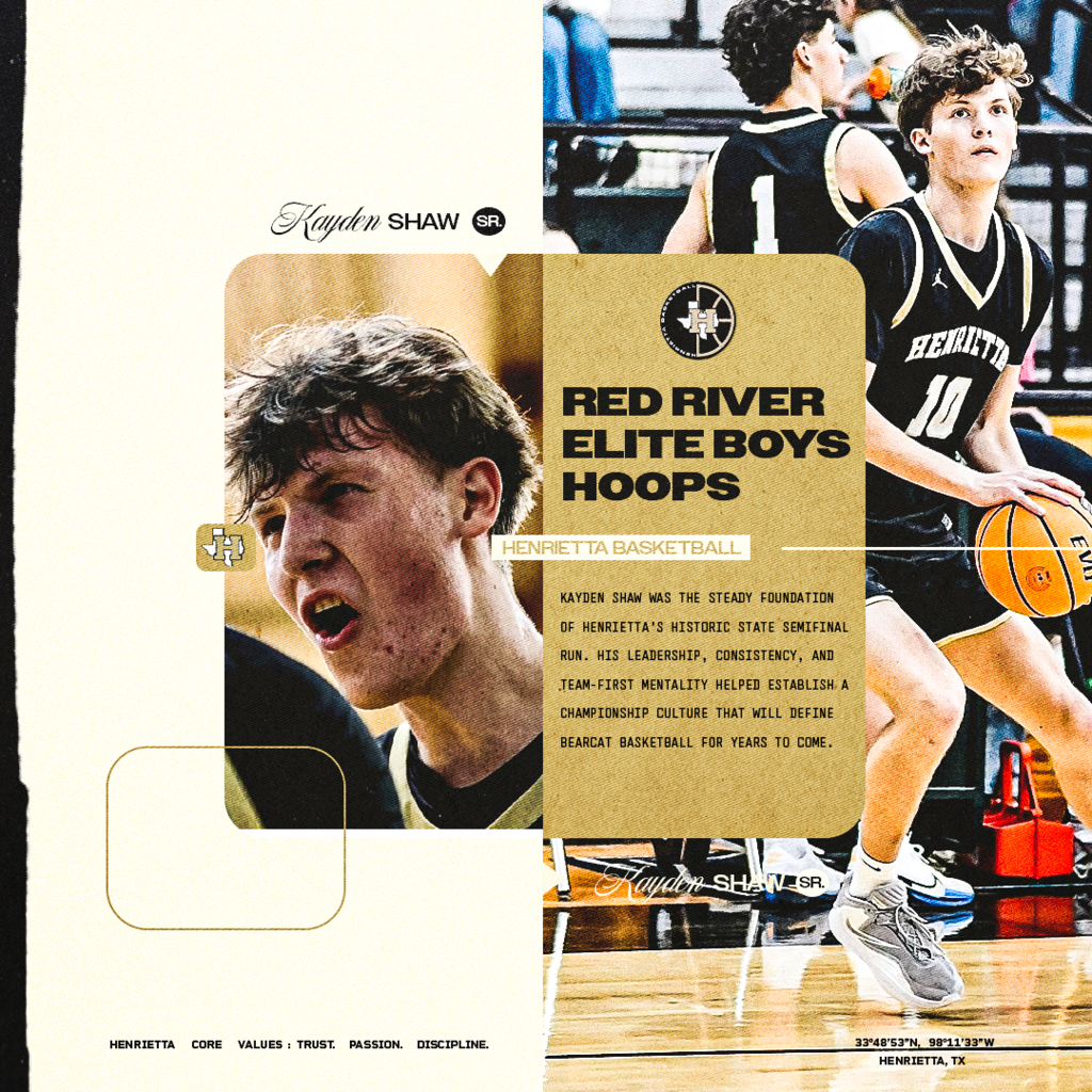 Congratulations to Kayden Shaw on being named to the 2026 Red River Elite Boys Hoops Team.  Kayden's consistency, competitive spirit, and team-first mentality helped establish a championship standard that will continue to shape Henrietta Basketball for years to come.  #TPD