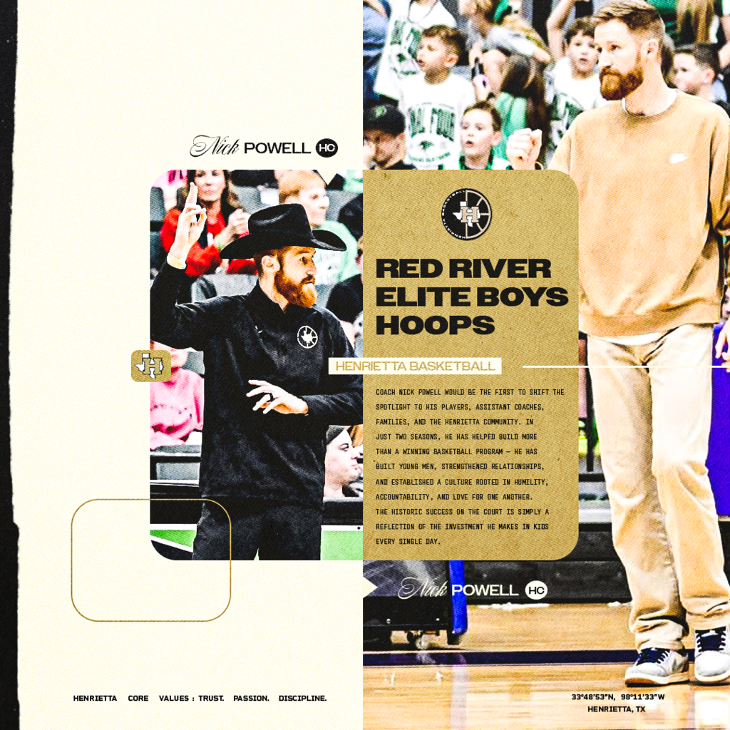 Congratulations to Coach Nick Powell on being named the 2026 Red River Elite Boys Hoops Small School Coach of the Year.  Coach Powell would be the first to credit his players, assistant coaches, families, and the Henrietta community. His investment in young people has built something much bigger than wins, a culture that has changed the trajectory of Henrietta Basketball.  #TPD