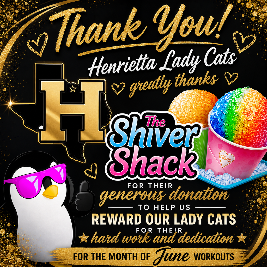 An ad with a black background features a penguin with sunglasses, a map outline, and text thanking Henrietta Lady Cats.