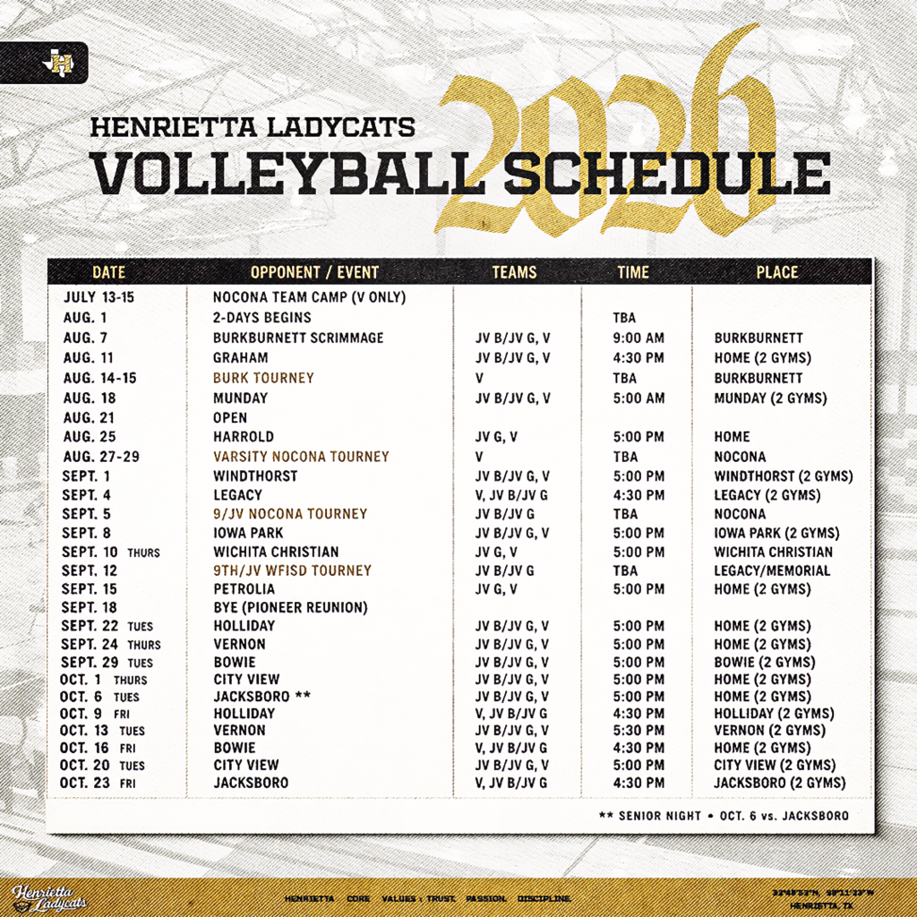 🏐 The countdown is on.  The 2026 Henrietta Ladycats Volleyball schedule is here as we get closer to another season of hard work, growth, and competition.  Mark your calendars, pack the gyms, and come support these young ladies all season long. Your energy makes a difference.  See you in the stands. #TPD