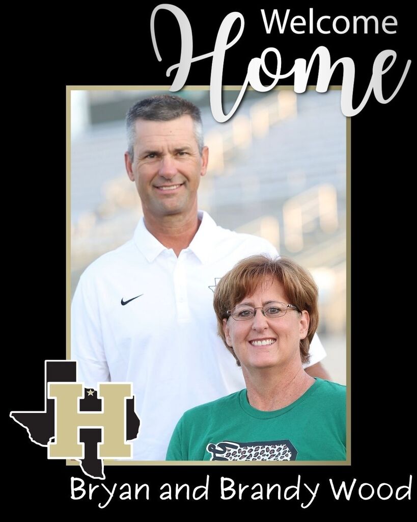 A photo of two people standing together, smiling, with text "Welcome Home" and names Bryan and Brandy Wood.