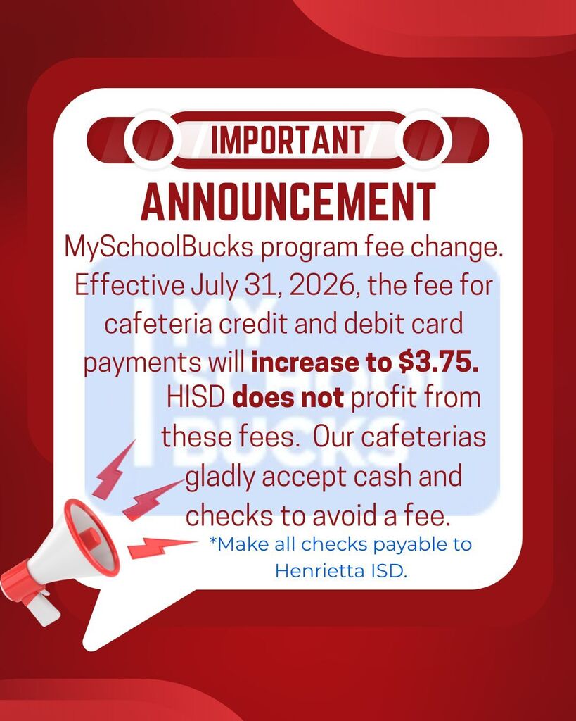 Red background with an announcement about fee changes for MySchoolBucks. Text informs of a fee increase to $3.75 effective July 31, 2026.