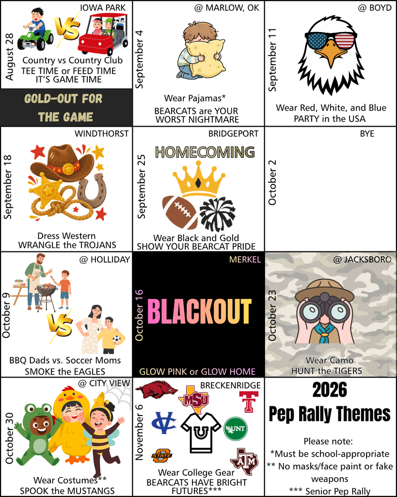 Nine event icons with titles and dates, including "Blackout" and "Pep Rally Themes 2026", each with distinct illustrations and text.