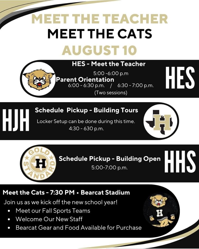 Schedule details for the school event on August 10. Includes time for meeting teachers, locker setup, orientation, and sports team meet.