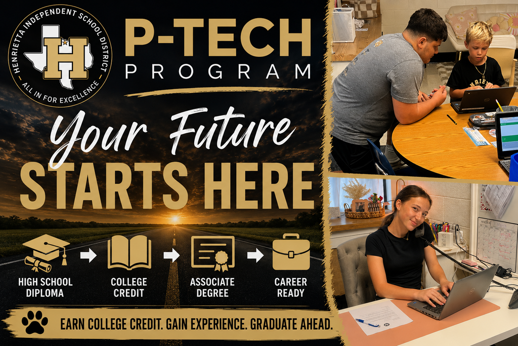 An advertisement shows students in a classroom with laptops. It reads "P-TECH Program Your Future Starts Here" and icons of a diploma, books, briefcase, and graduation cap.